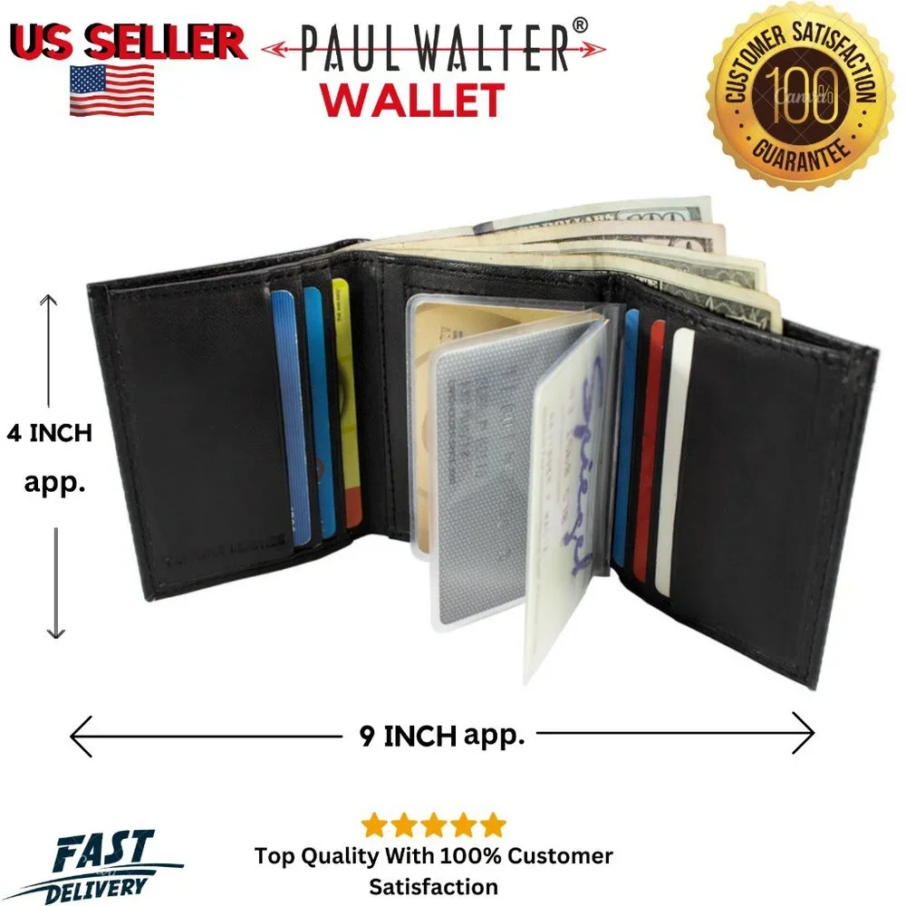 Men Trifold Wallet, Lambskin Leather Wallet Black